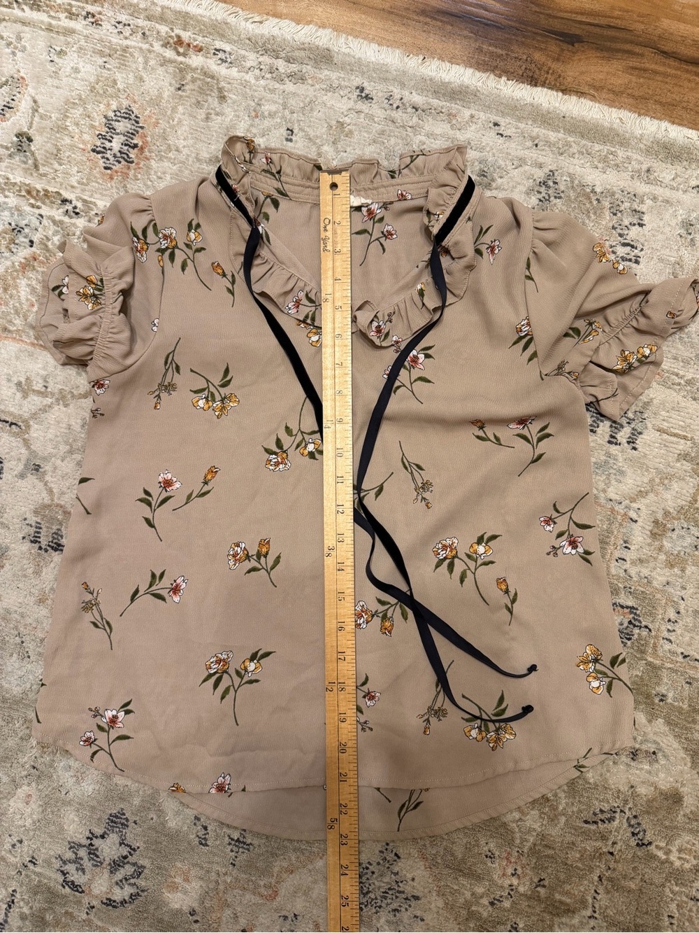 Women's Beige Floral Ruffle Tie-Neck Top - Picture 8 of 8